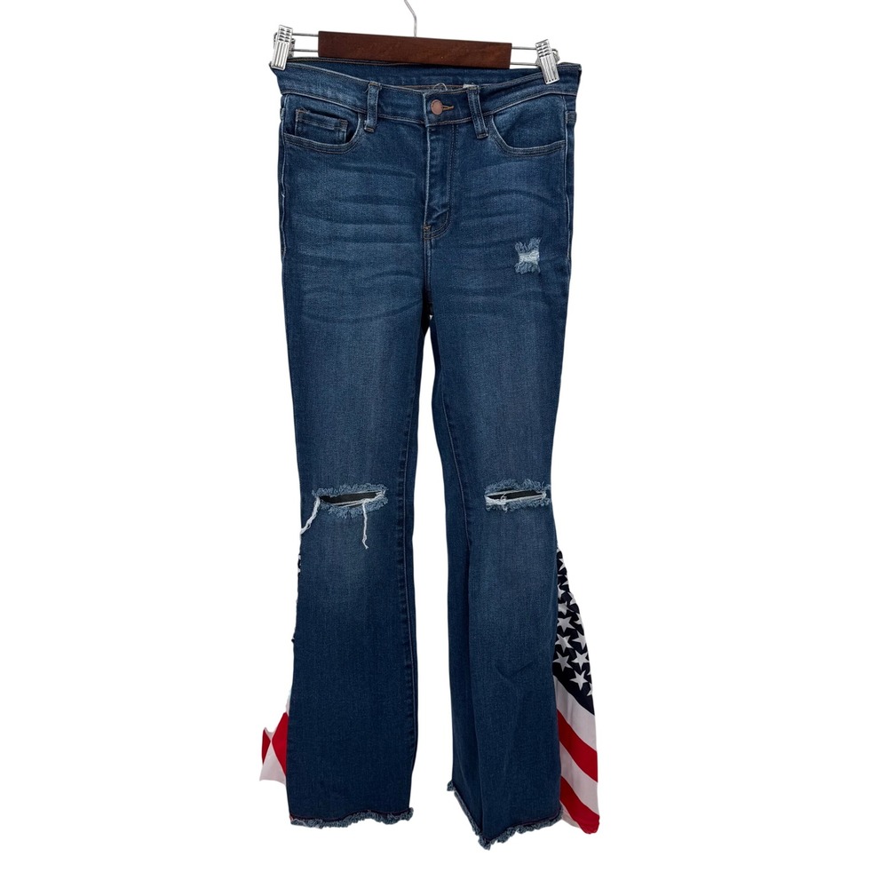 Y2K Trails American Made Flare Jeans 28 Distressed American Flag Side Slit